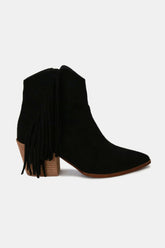 Beast Fashion Women's Suede Fringe Point Toe Ankle Boots - Mid Heel, Bohemian Style